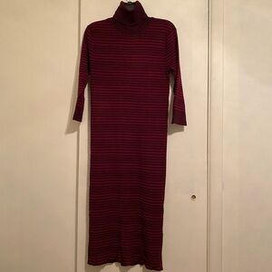 New York & Company Burgundy Striped Long Sleeve Turtleneck Midi Knit Dress, Sz L